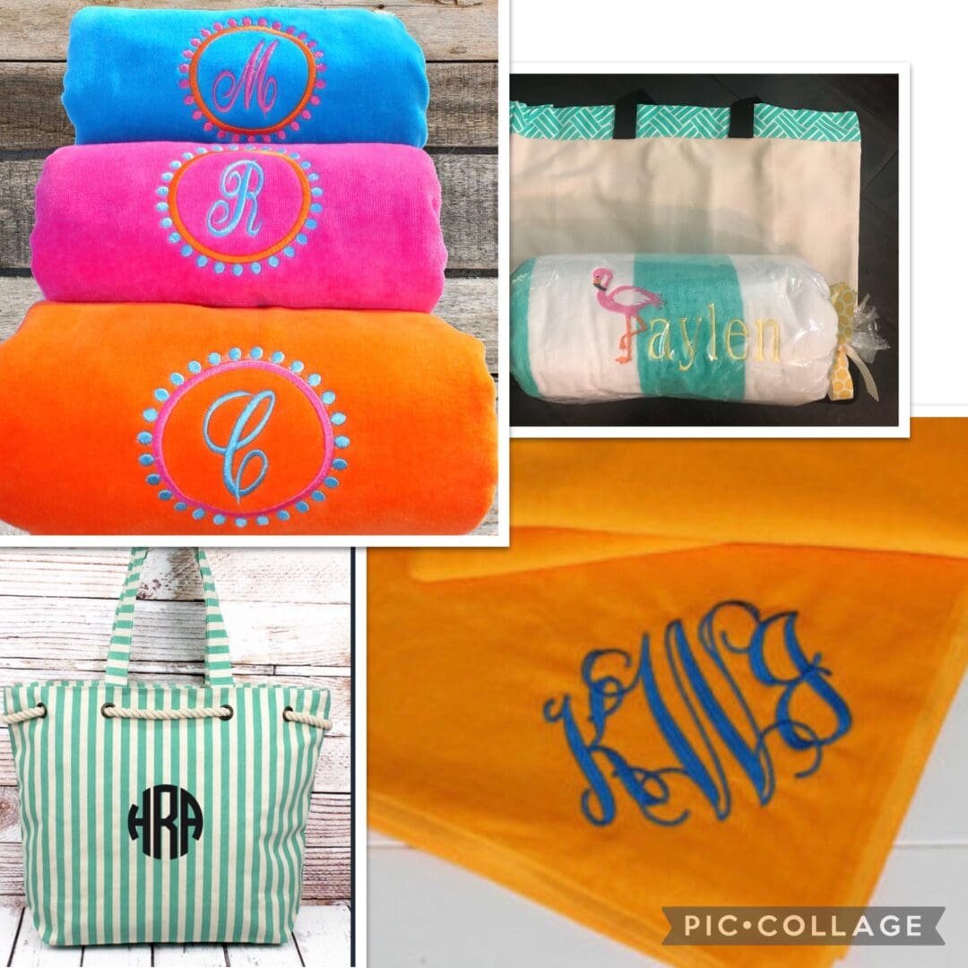 A collage of towels and bags with monogrammed initials.