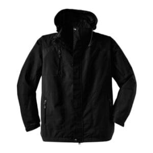 A black jacket with hood and zippers.