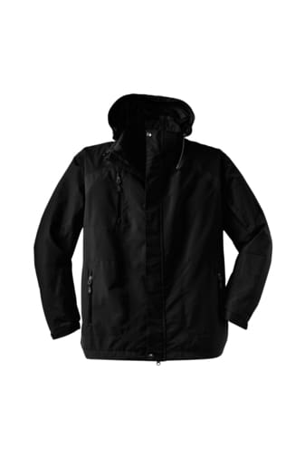 A black jacket with hood and zippers.