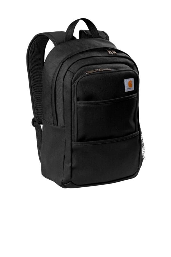 A black backpack with two front pockets.