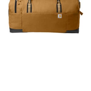 A brown duffel bag with black trim and leather accents.