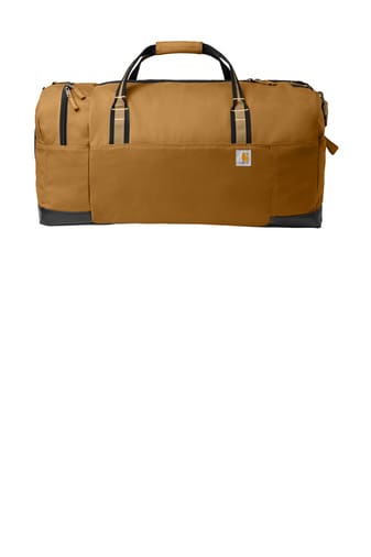 A brown duffel bag with black trim and leather accents.