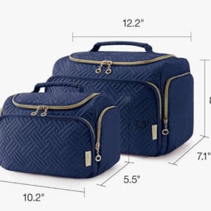 A blue bag is shown with the size of it.