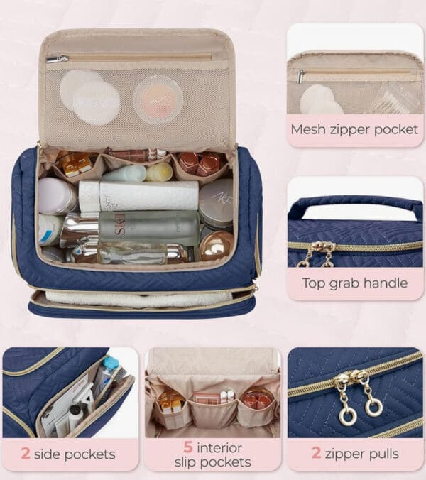 A blue bag with many compartments and zippers