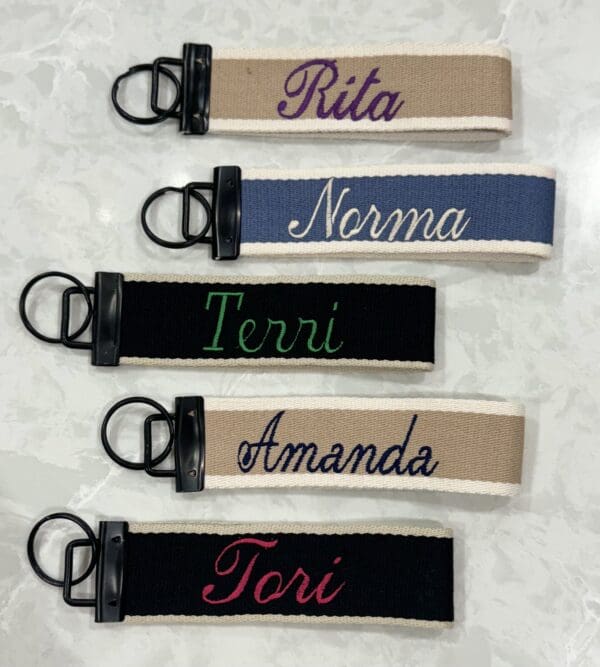 A group of five key chains with the names of each one.