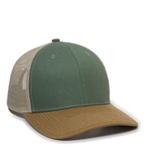 A green and tan hat with mesh back.