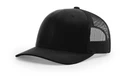 A black hat with a mesh back and a white front panel.