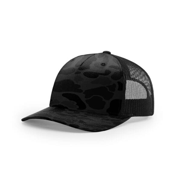 A black hat with a camouflage pattern on it.