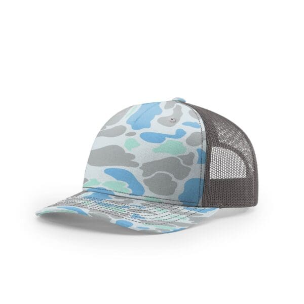 A gray and blue hat with clouds on it.