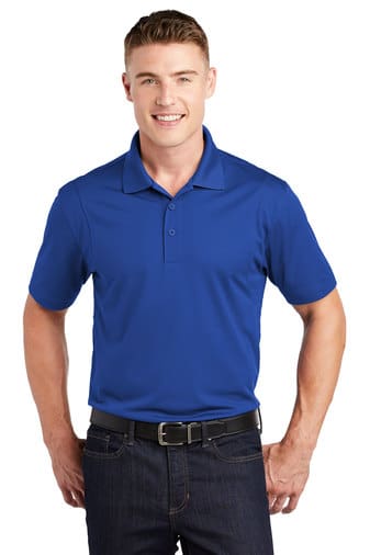 A man wearing blue polo shirt and jeans.