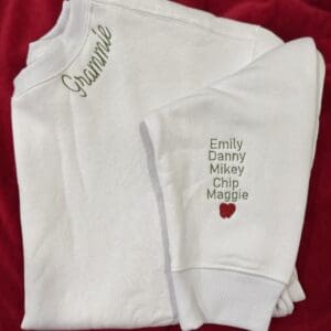 Grandma's embroidered sweatshirt with grandkids' names.