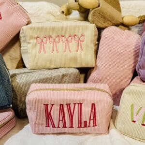 Personalized corduroy cosmetic bags.