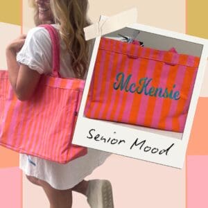 Pink striped monogrammed beach tote bag personalized with embroidery