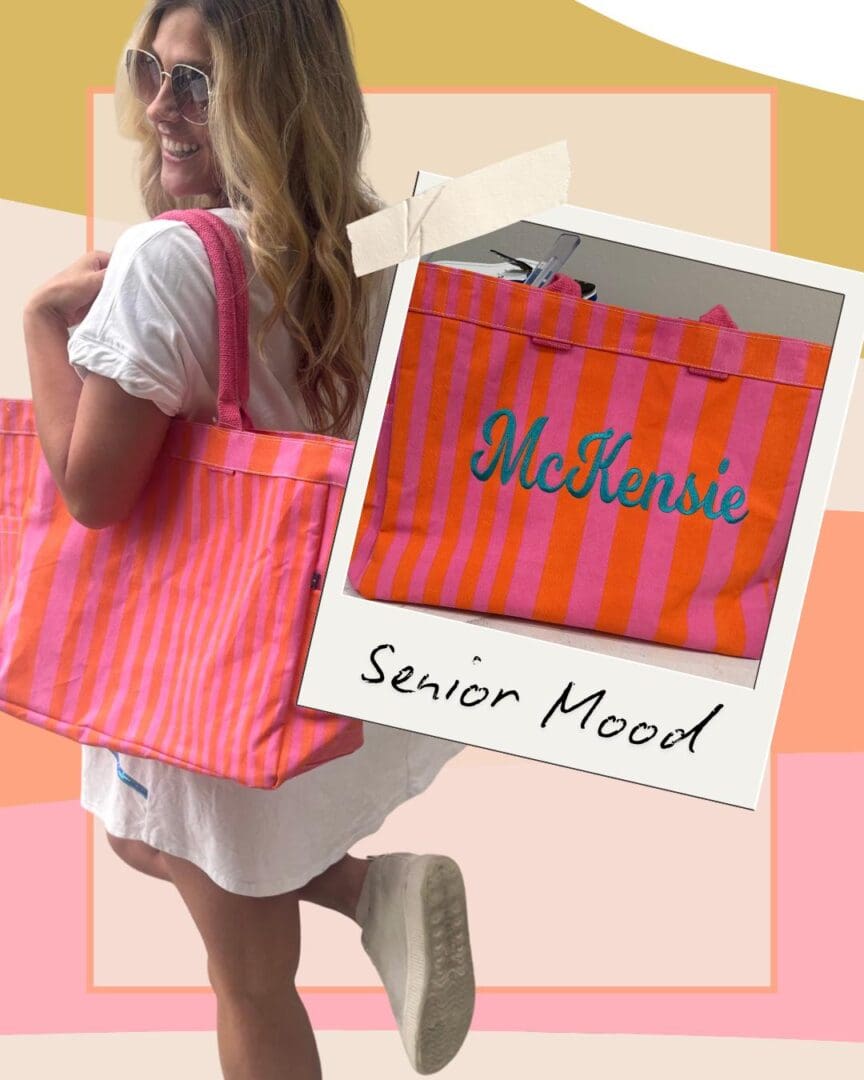 Pink striped monogrammed beach tote bag personalized with embroidery